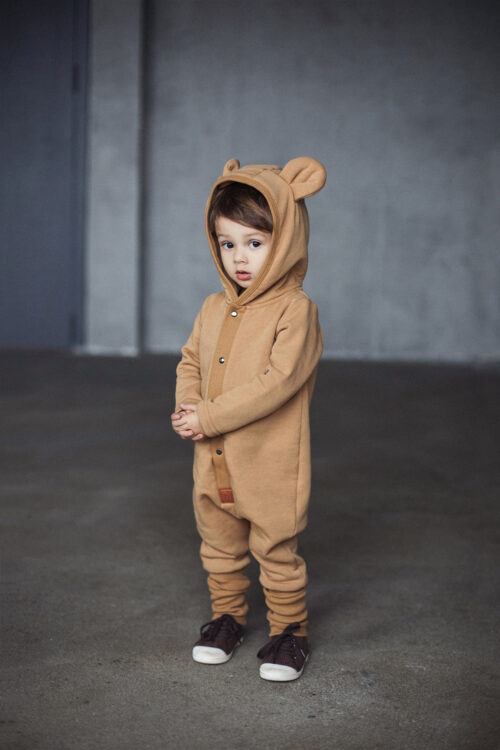 One-piece jumpsuit with ears for babies and children - mustard yellow