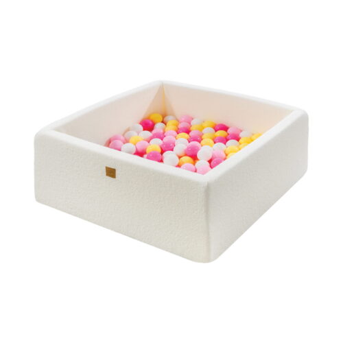 MeowBaby® valge bouclé-kangaga kandiline pallimeri 90x90x40 cm - 200 roosa valge kollane palli