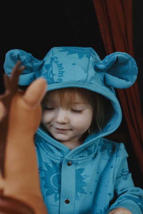 One-piece jumpsuit with ears for babies and children - Blue Suns
