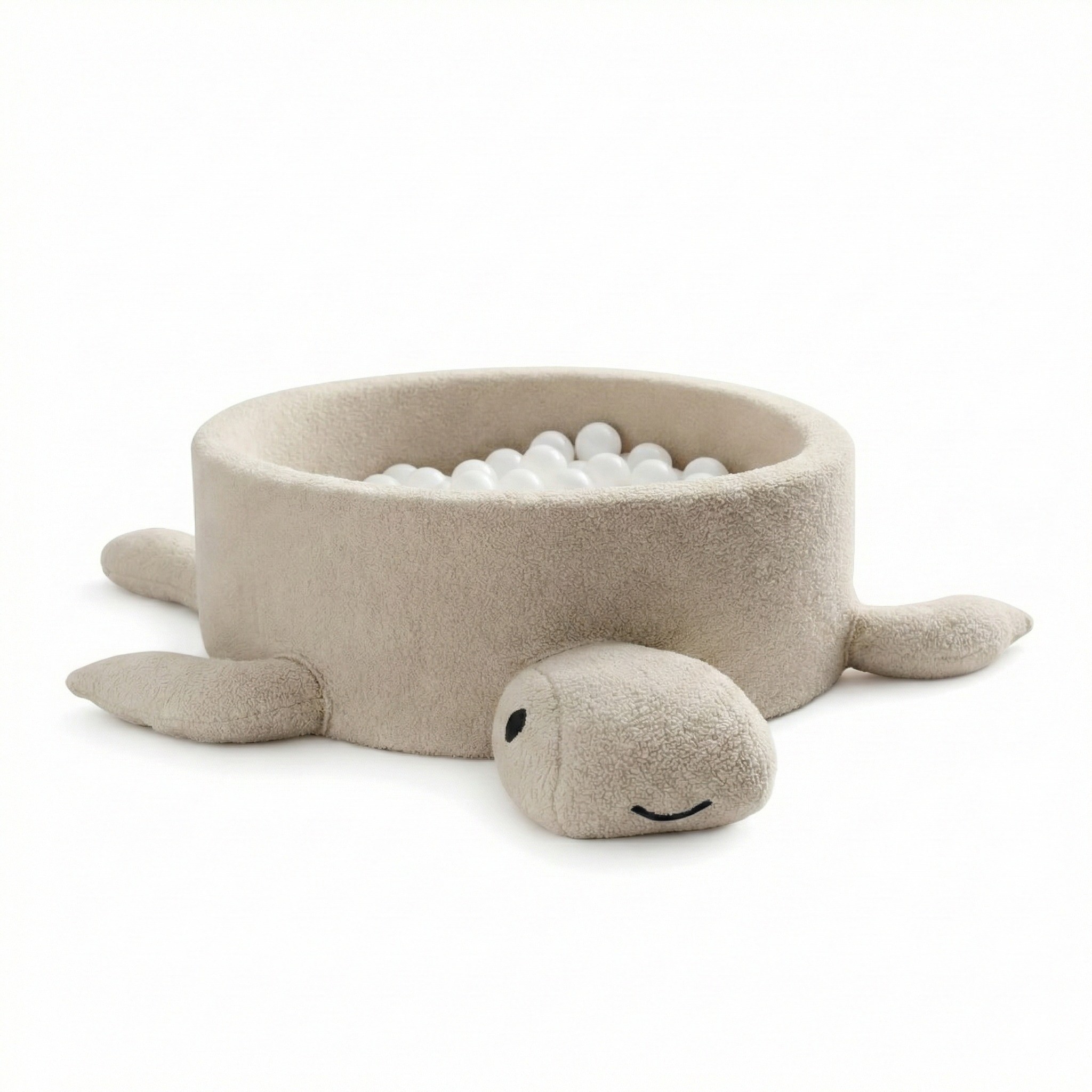 A foam ball pit for babies without balls—beige bouclé with a turtle and oatmeal cookie design