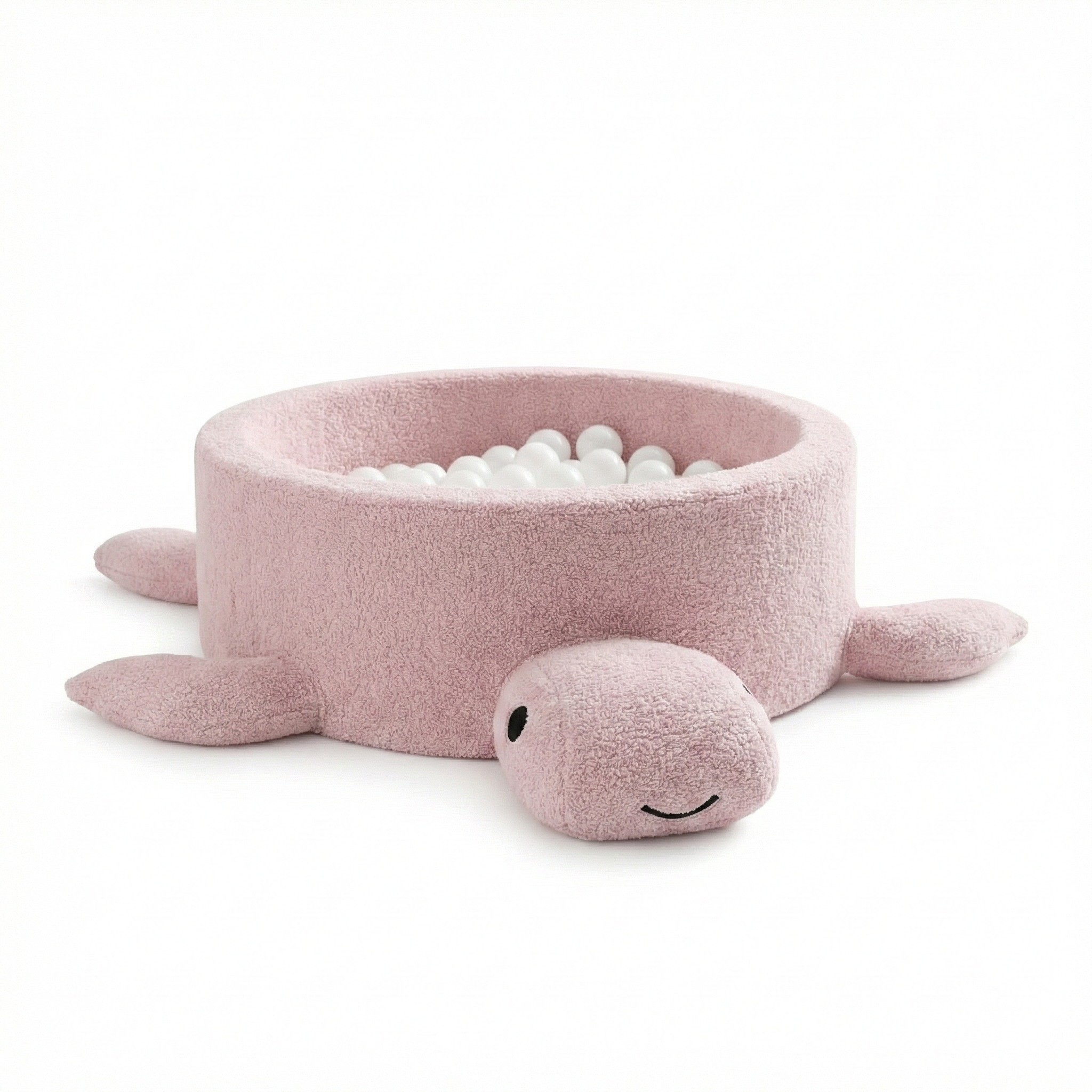 A foam ball pit for babies without balls—a turtle in raspberry-glazed pink bouclé