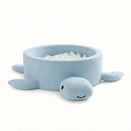 A foam ball pit for babies without balls—a turtle in dusty ice-blue bouclé