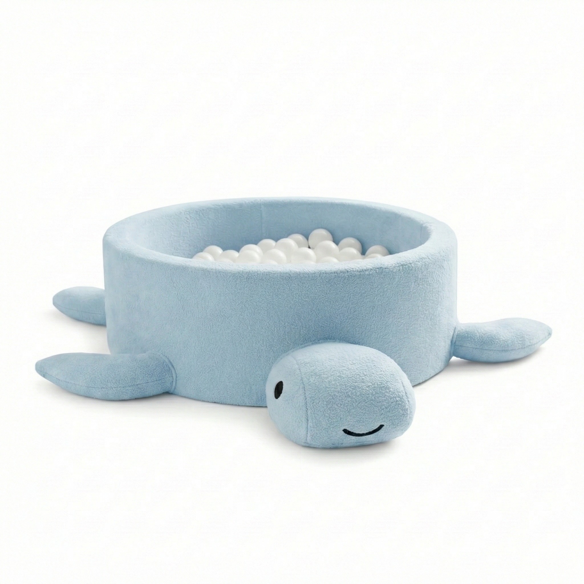 A foam ball pit for babies without balls—a turtle in dusty ice-blue bouclé