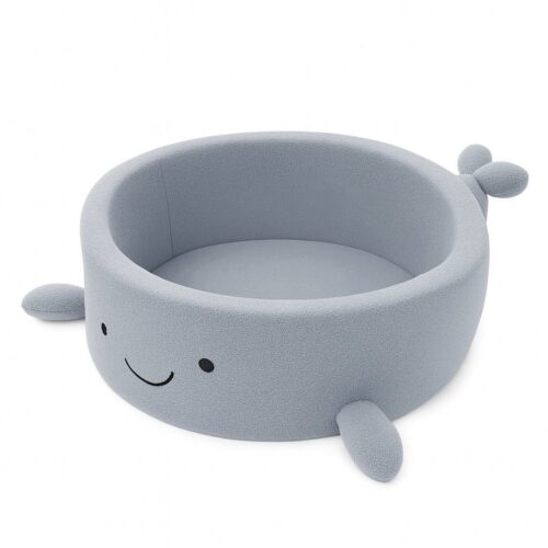 A foam ball pit for babies without balls—a whale in dusty ice-blue bouclé