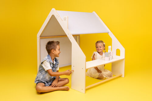 MeowBaby® naturaalne puidust mängumaja lastele - sinine katus