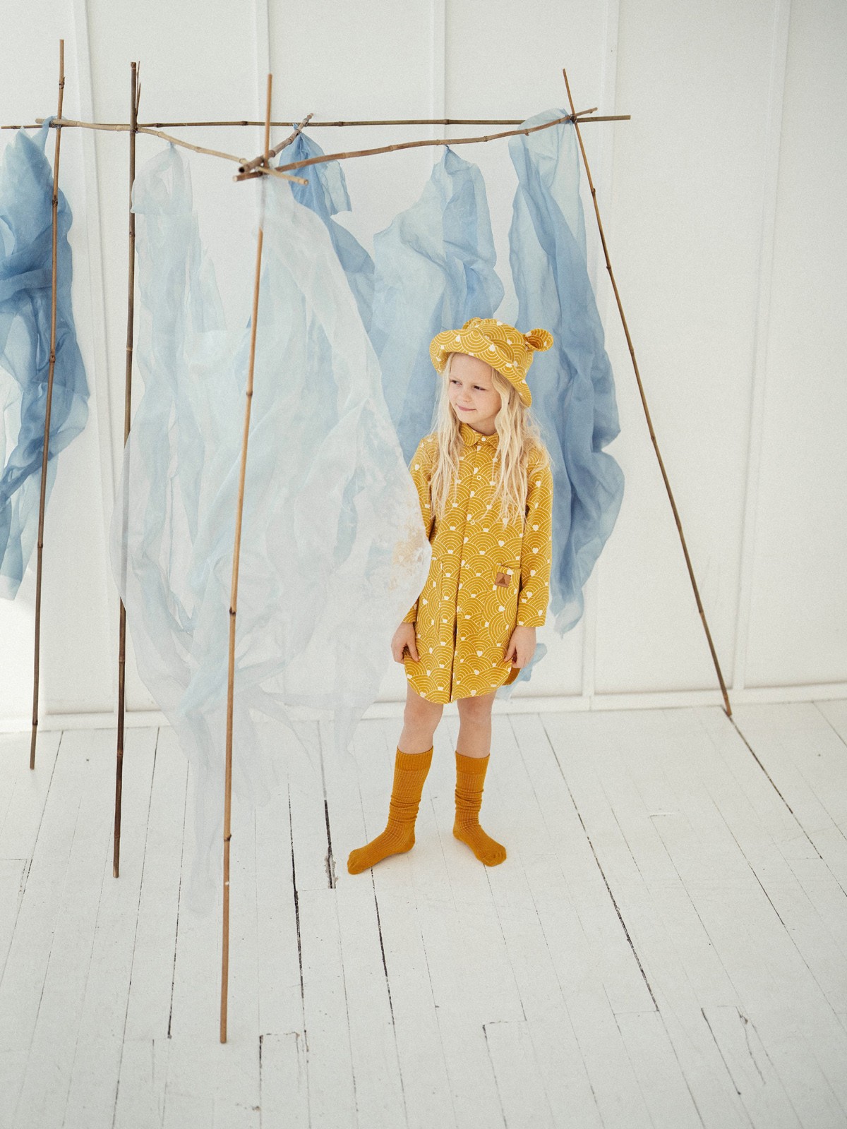 Children's hat with ears - waves on a mustard-yellow background - Image 4