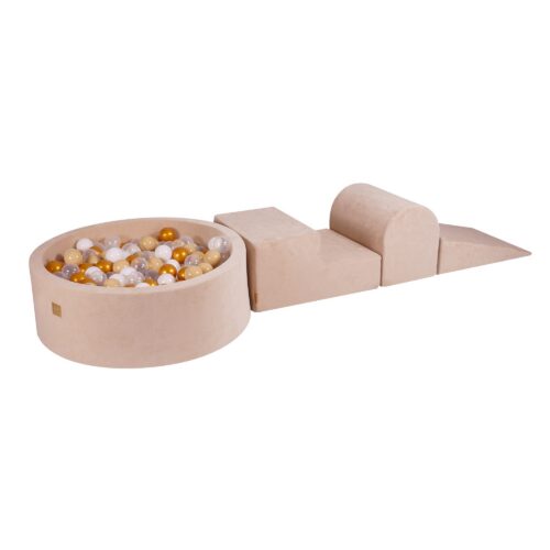 MeowBaby® sametine mängukomplekt pallimerega - kuldne, beež, valge ja läbipaistev palli