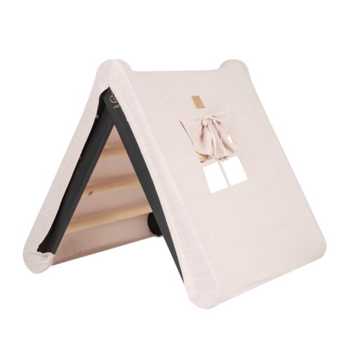 Black ladder house with a pink roof