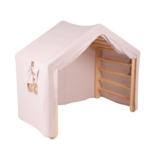 A large natural wood playhouse with a pink roof