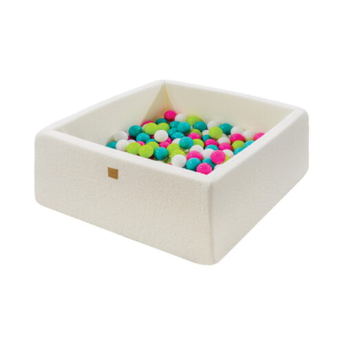 MeowBaby® valge bouclé-kangaga kandiline pallimeri 110x110x40 cm - 400 roheline/sinine/valge/roosa palli