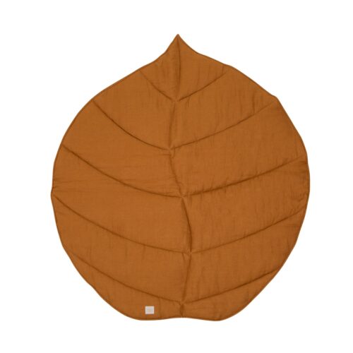 Leaf-shaped play mat made of organic cotton and linen - caramel