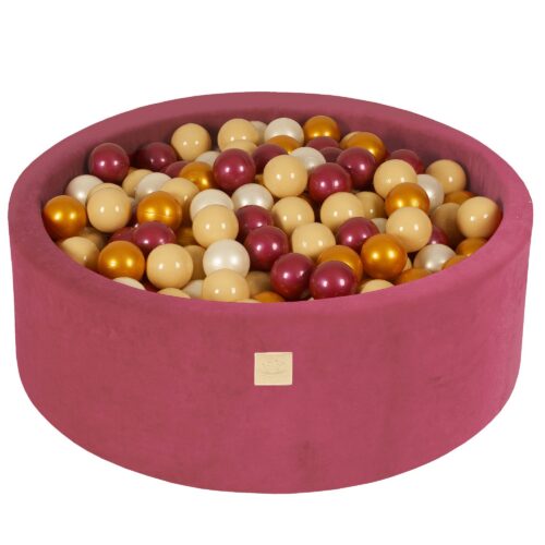 Round ball pit with 200 balls in gold, beige, and burgundy, 90x30 cm - Raspberry Red velvet