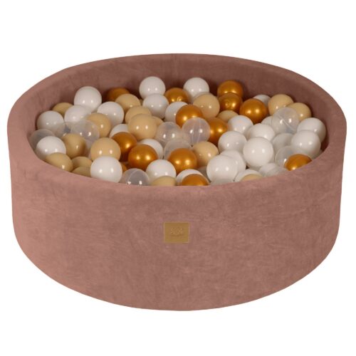Round Ball Pool with 200 Gold/Beige/White/Transparent Balls, 90x30 cm - Beige Velvet