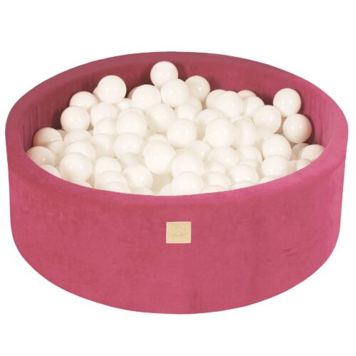 Round ball pit with 200 white balls, 90x30 cm - Raspberry Red velvet