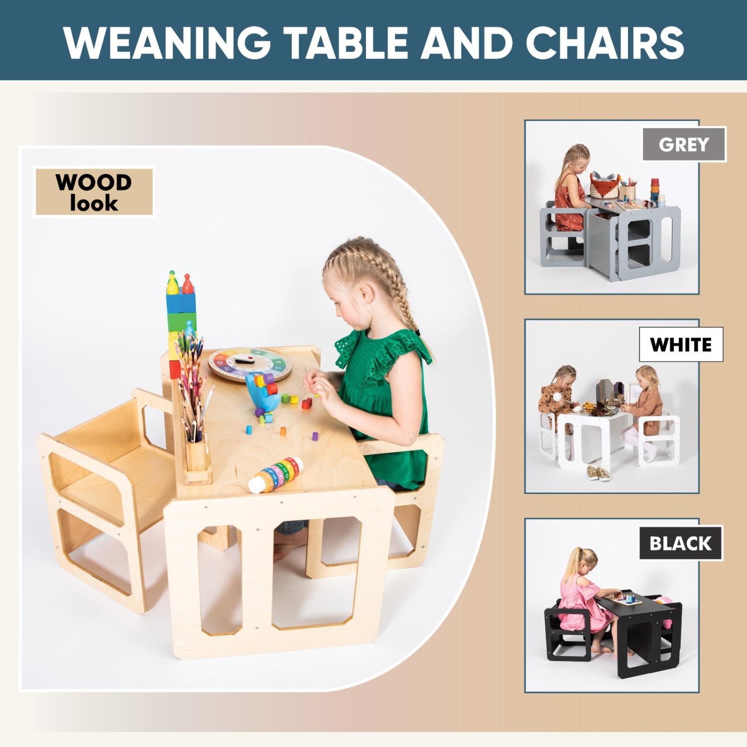 Montessori Weaning laud ja tool komplekt - 2 tooliga - Pilt 12