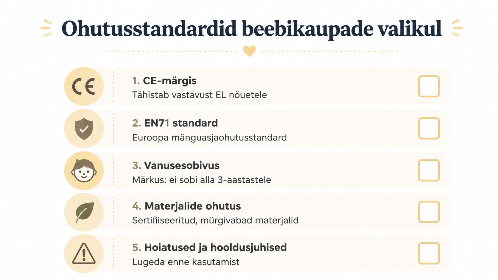 Kontroll-loend ohutusstandardite kohta, mida tuleb jälgida beebikaupade ja mänguasjade valimisel ja ostmisel ohutuse tagamiseks.