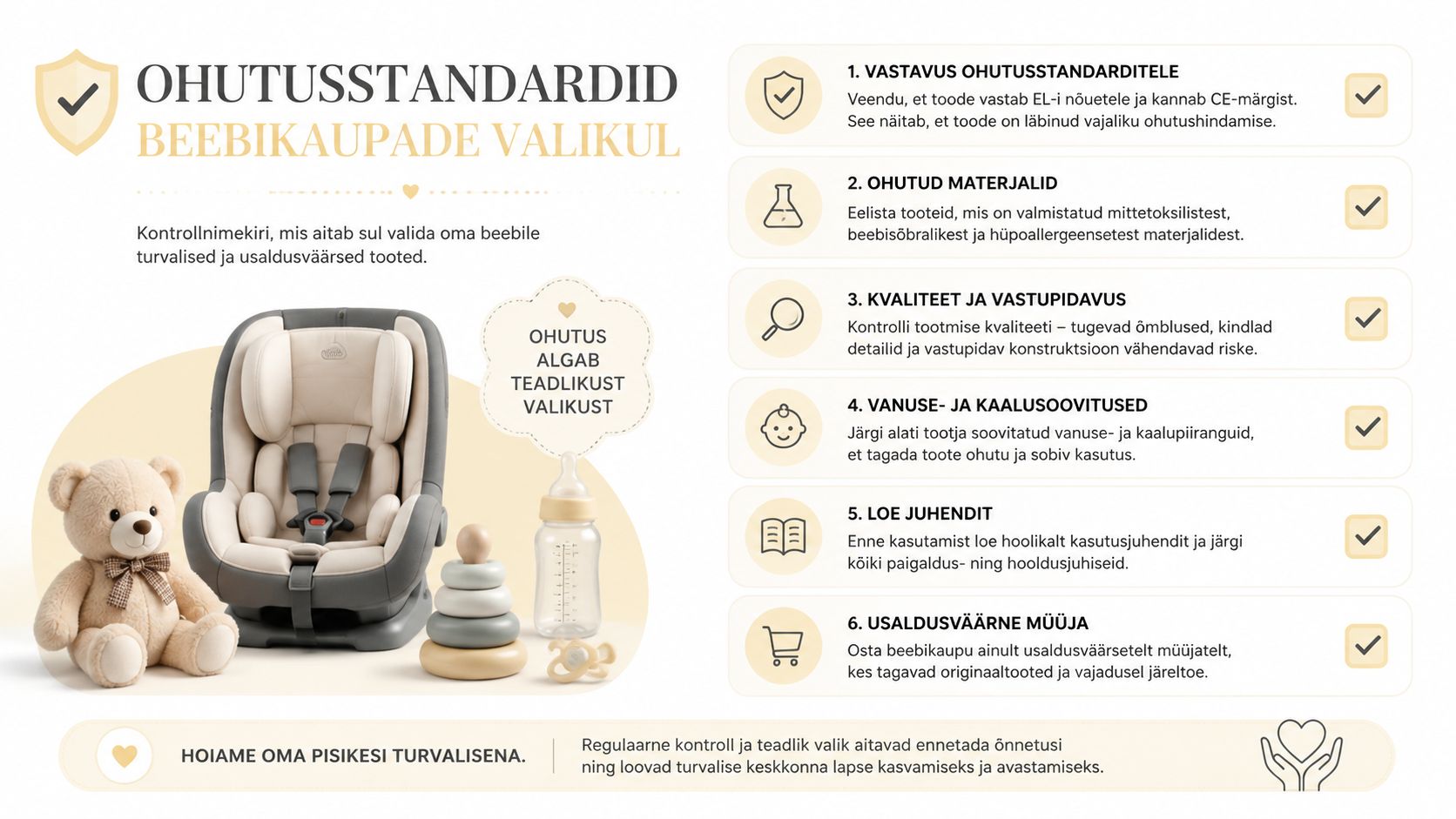 Infograafik tutvustab kuut olulist ohutusstandardit beebitoodete valimisel, et tagada väikelapse turvalisus ja heaolu igapäevaelus.