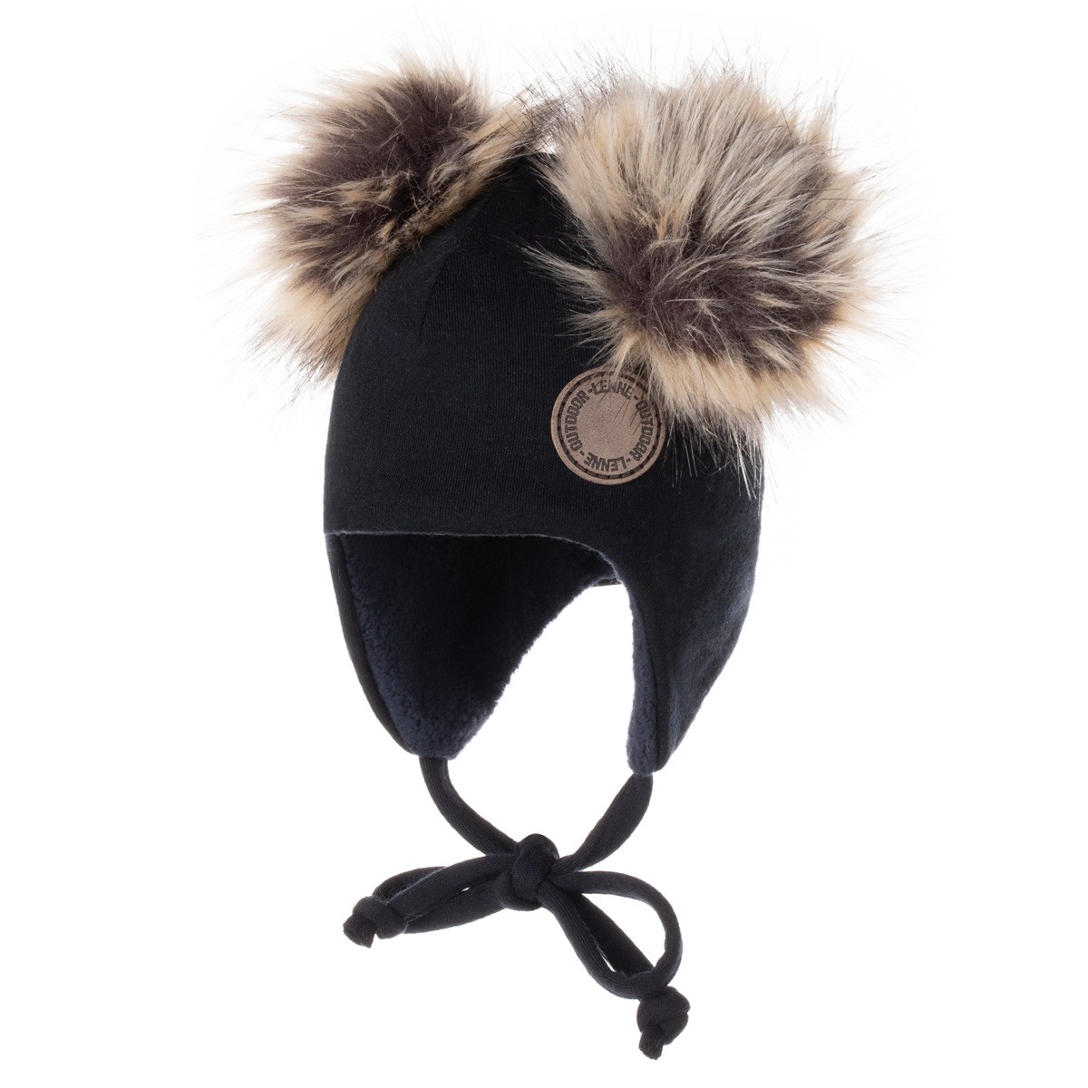 Black merino wool baby hat with faux fur pom-poms
