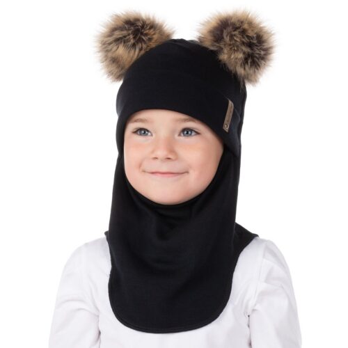 Black merino wool balaclava with two pom-poms