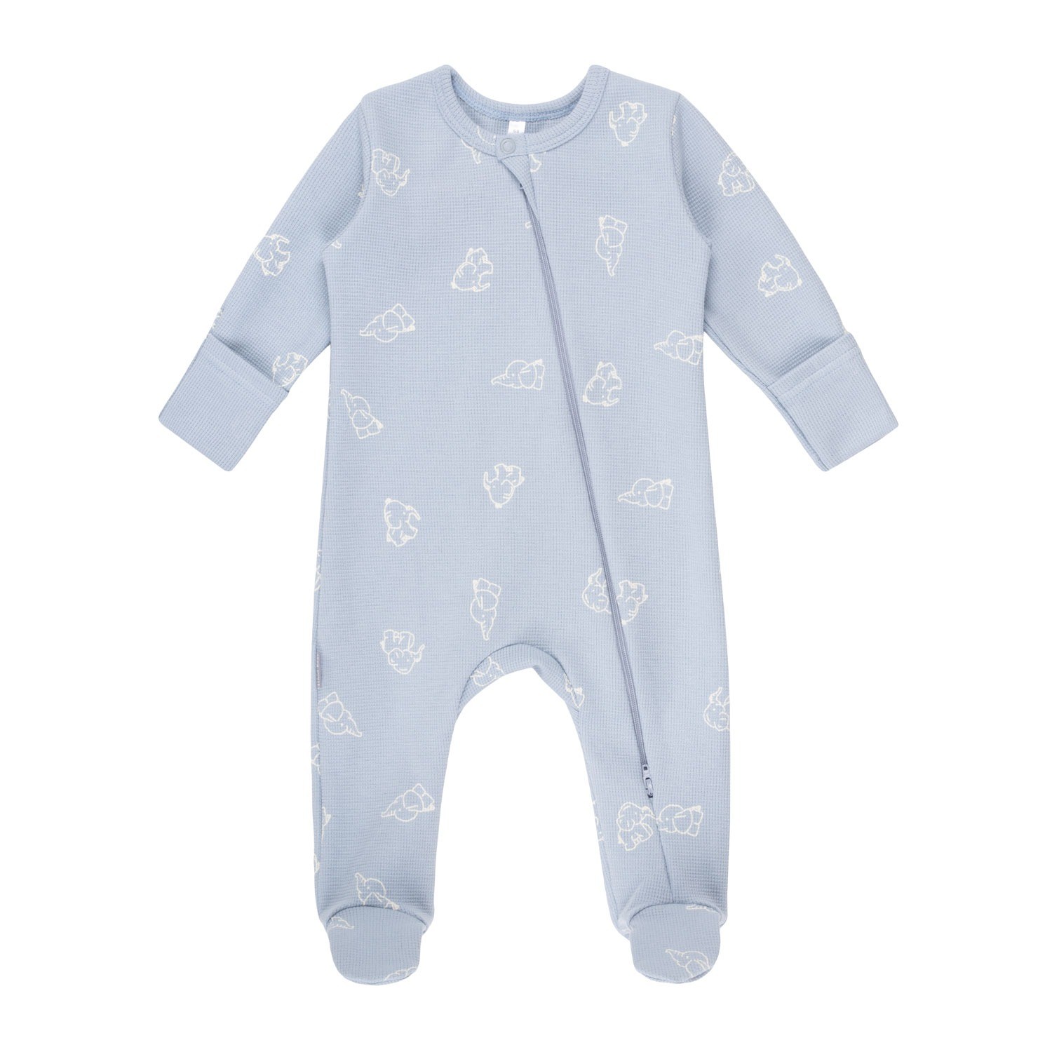 Blue cotton baby onesie with closed-toe legs