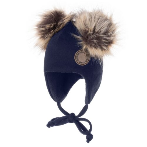 Blue merino wool baby hat with faux fur pom-poms