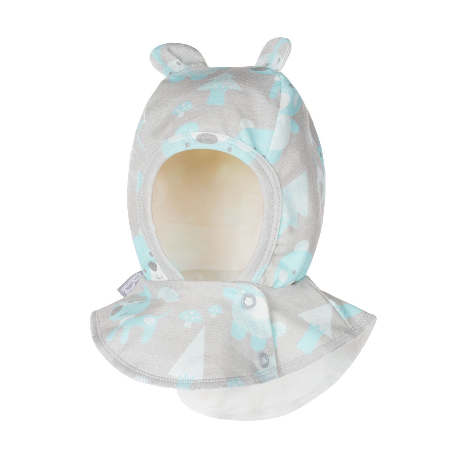 Blue cotton baby balaclava with forest-print ears - Image 2