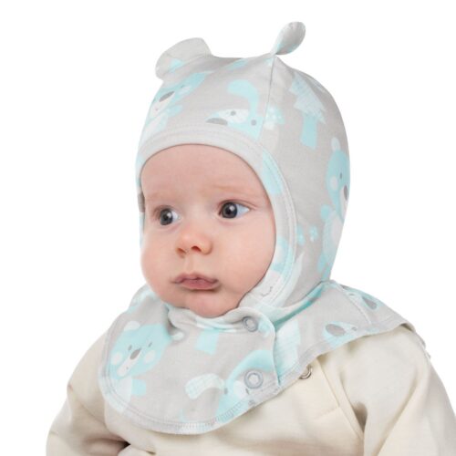 Blue cotton baby balaclava with forest-print ears