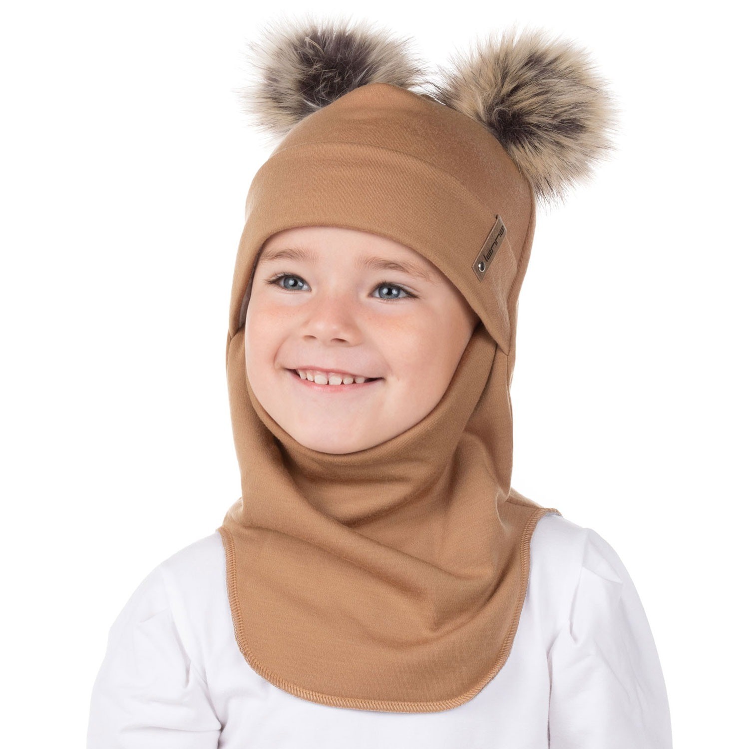 Brown merino wool balaclava with two pom-poms