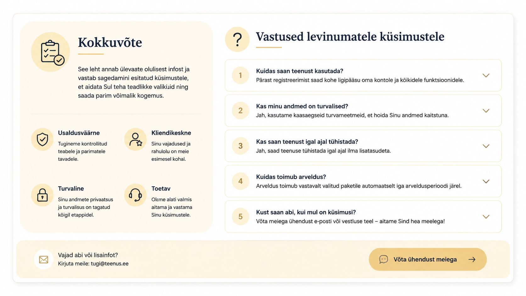 Kokkuvõtlik teave teenuse kohta, korduma kippuvad küsimused ning kontaktandmed kasutajatoe ja klienditeenindusega ühenduse võtmiseks.