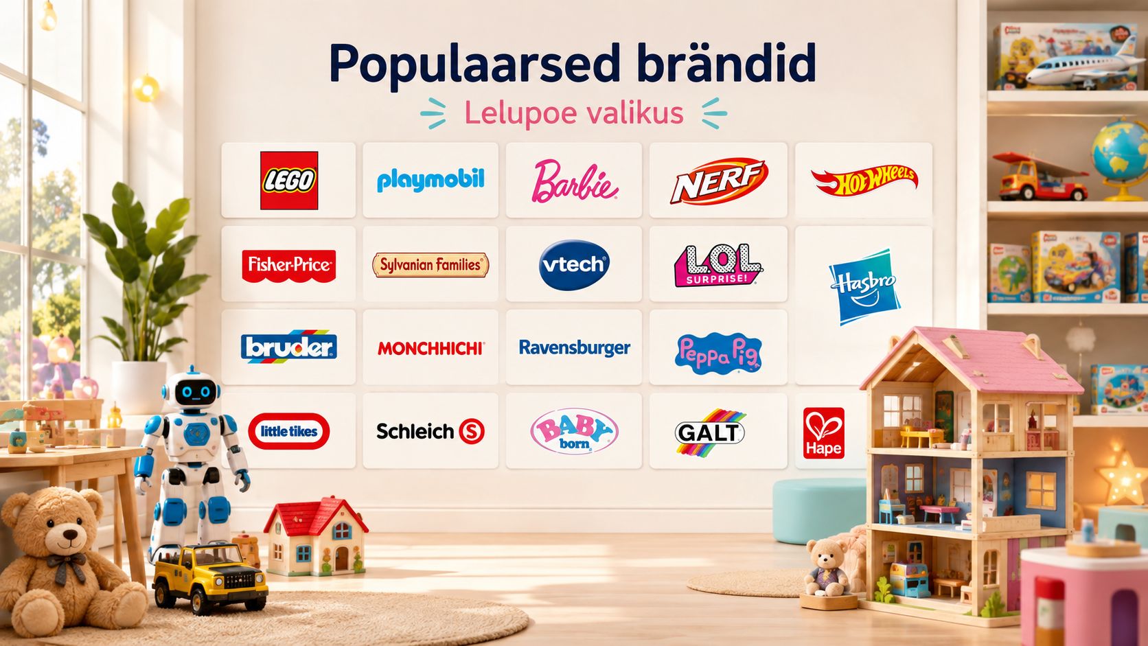 Populaarsed mänguasjade brändid ja tooted tähistatud logodega, mis on paigutatud korralikult seinale kinnitatud valgetele alustele.