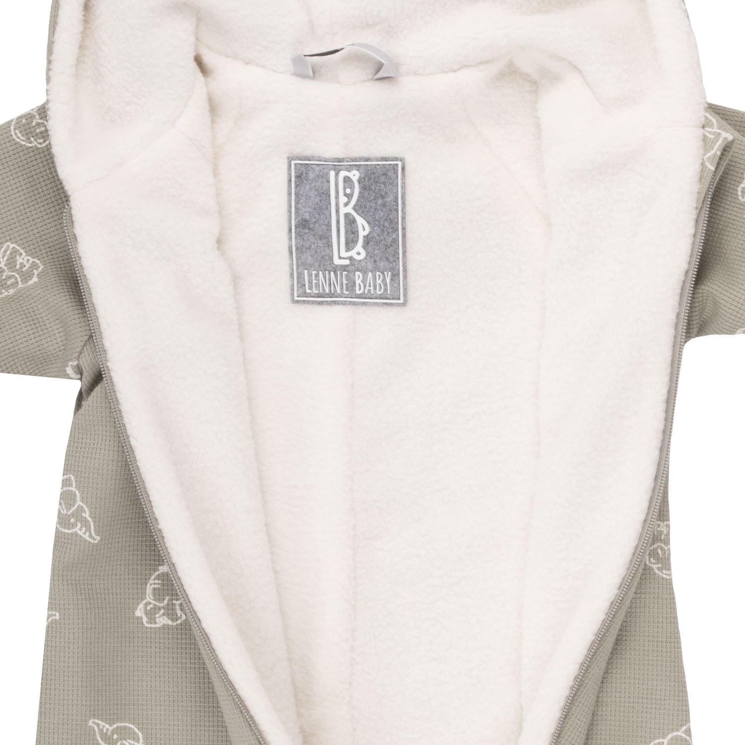 Khaki-green cotton fleece baby onesie with a hood - Image 2