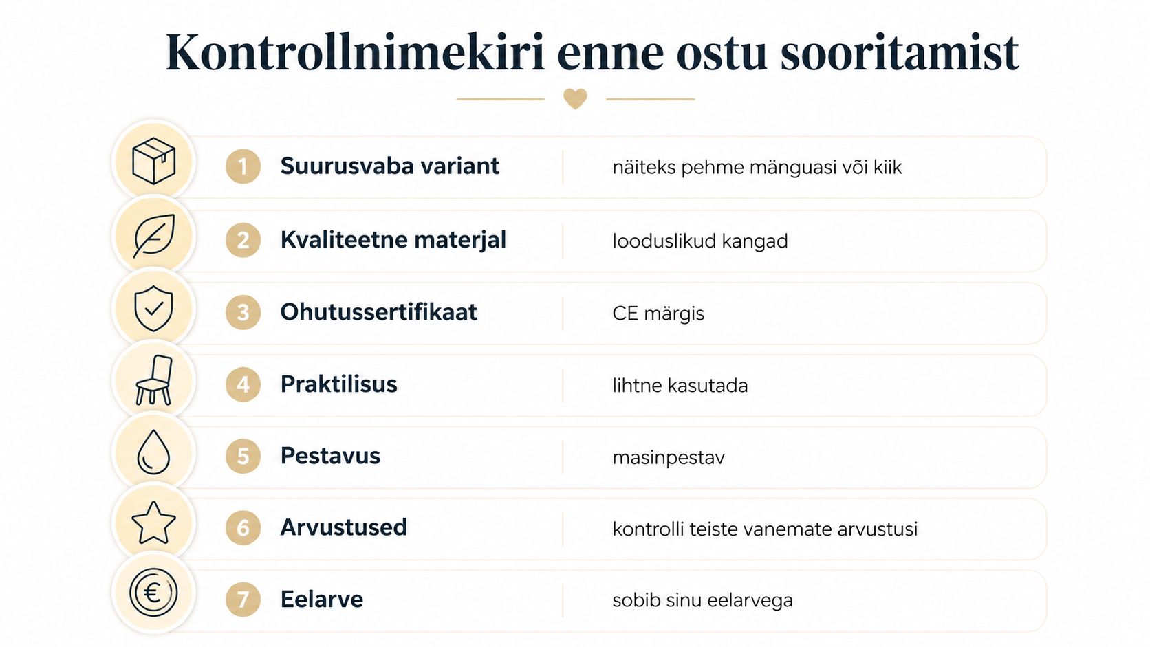 Kontrollnimekiri lapsevanematele enne ostu sooritamist, mis sisaldab seitset olulist soovitust kvaliteetse ja ohutu toote valimiseks.