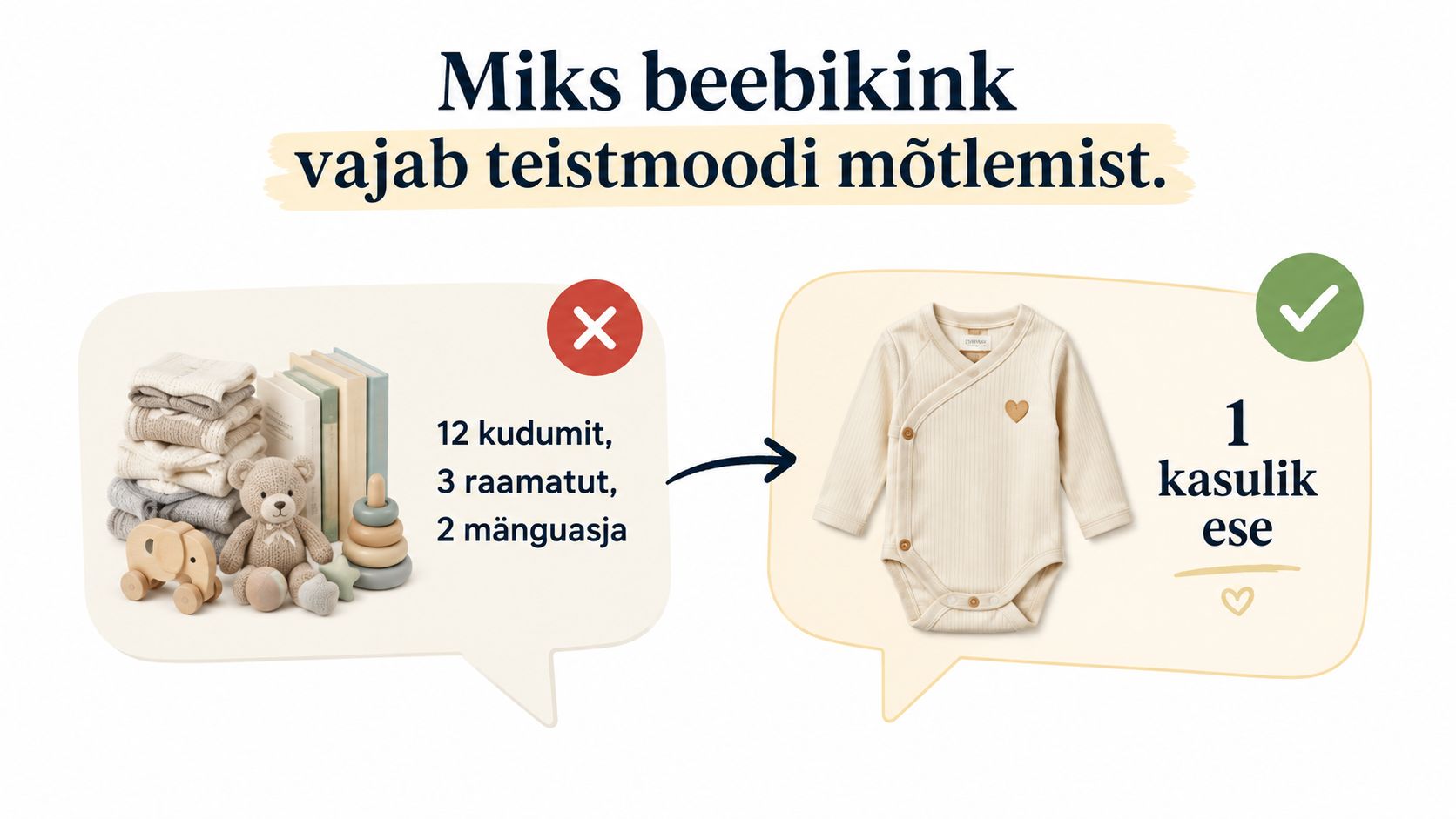 Võrdlus minimalistliku beebikingituse ja liigsete esemete vahel, propageerides läbimõeldud kinkimist vastsündinu ootuse puhul.