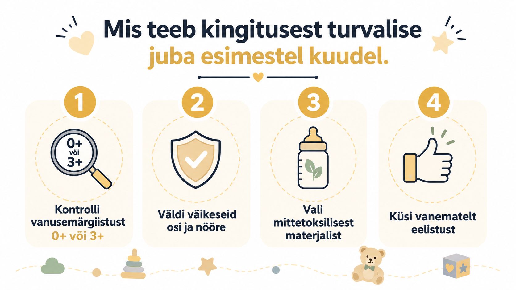 Infograafik nelja olulise näpunäitega, kuidas valida imikule ohutu ja sobiv kingitus esimestel elukuudel.