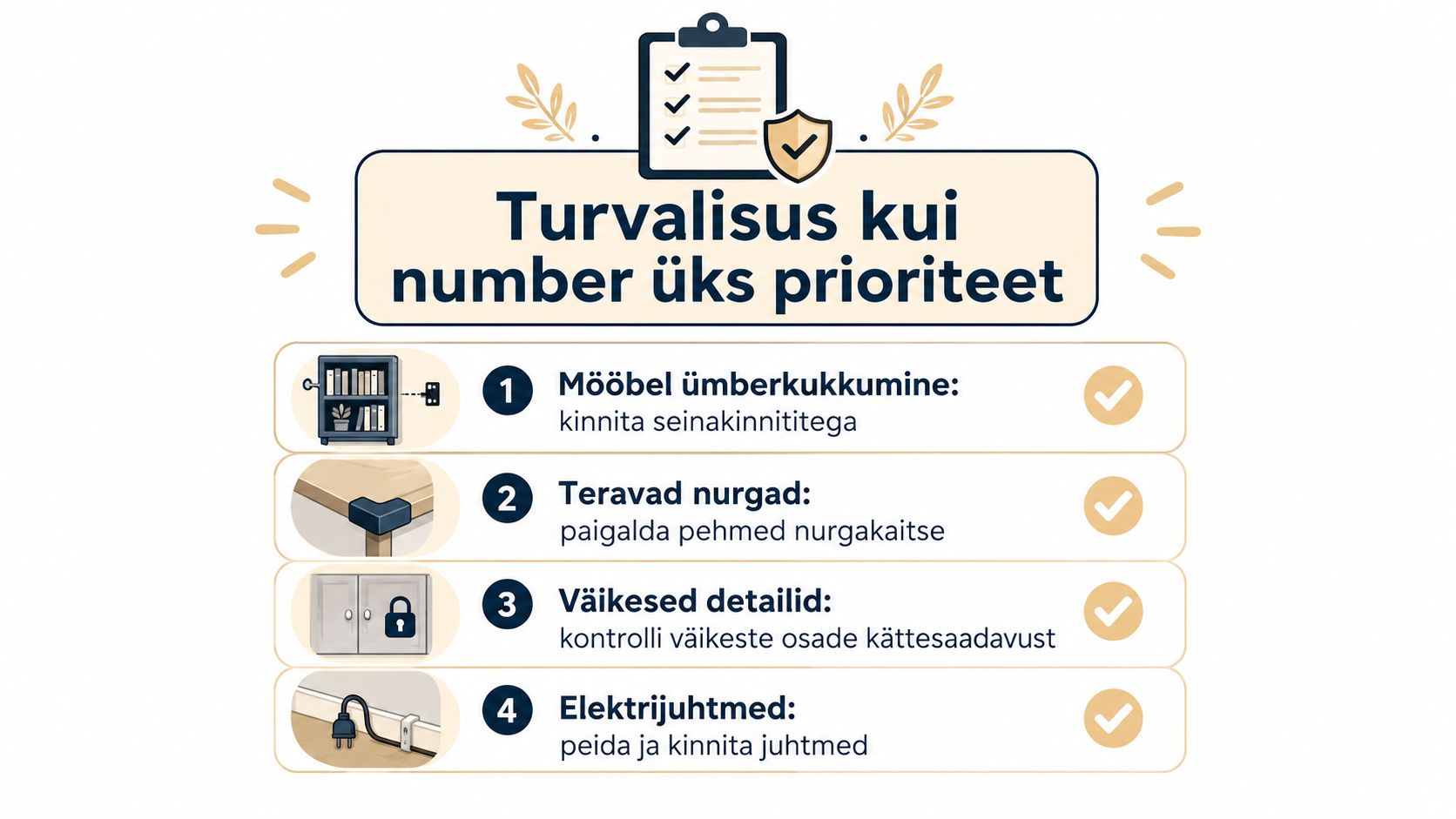 Juhend lastetoa ohutuse tagamiseks, mis kirjeldab nelja sammu ohtude ennetamiseks ja kodu turvalisemaks muutmiseks.