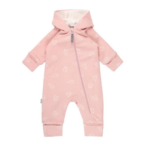 Cotton-fleece baby onesie with a pink hood