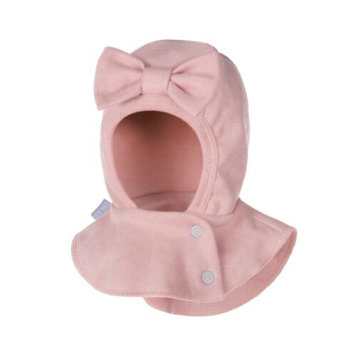 Cotton baby balaclava with a pink pom-pom and a lace pattern