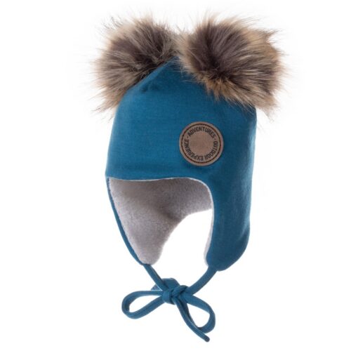 Petrol-blue merino wool baby hat with faux fur pom-poms