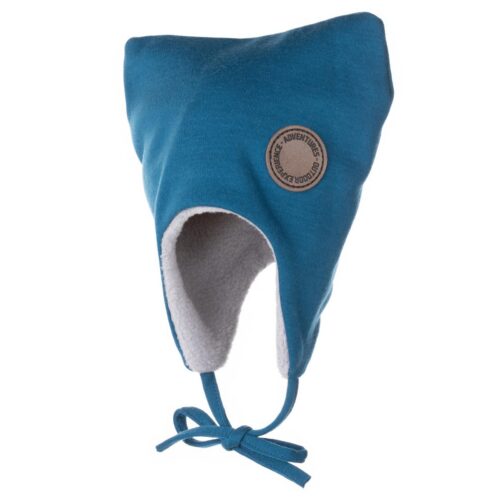 Petrol-blue merino wool baby hat with ribbons