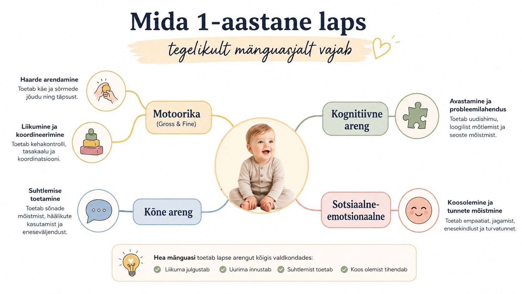 Infograafik näitab, kuidas mänguasjad toetavad üheaastase lapse motoorset, kognitiivset, kõne- ja sotsiaalset arengut.