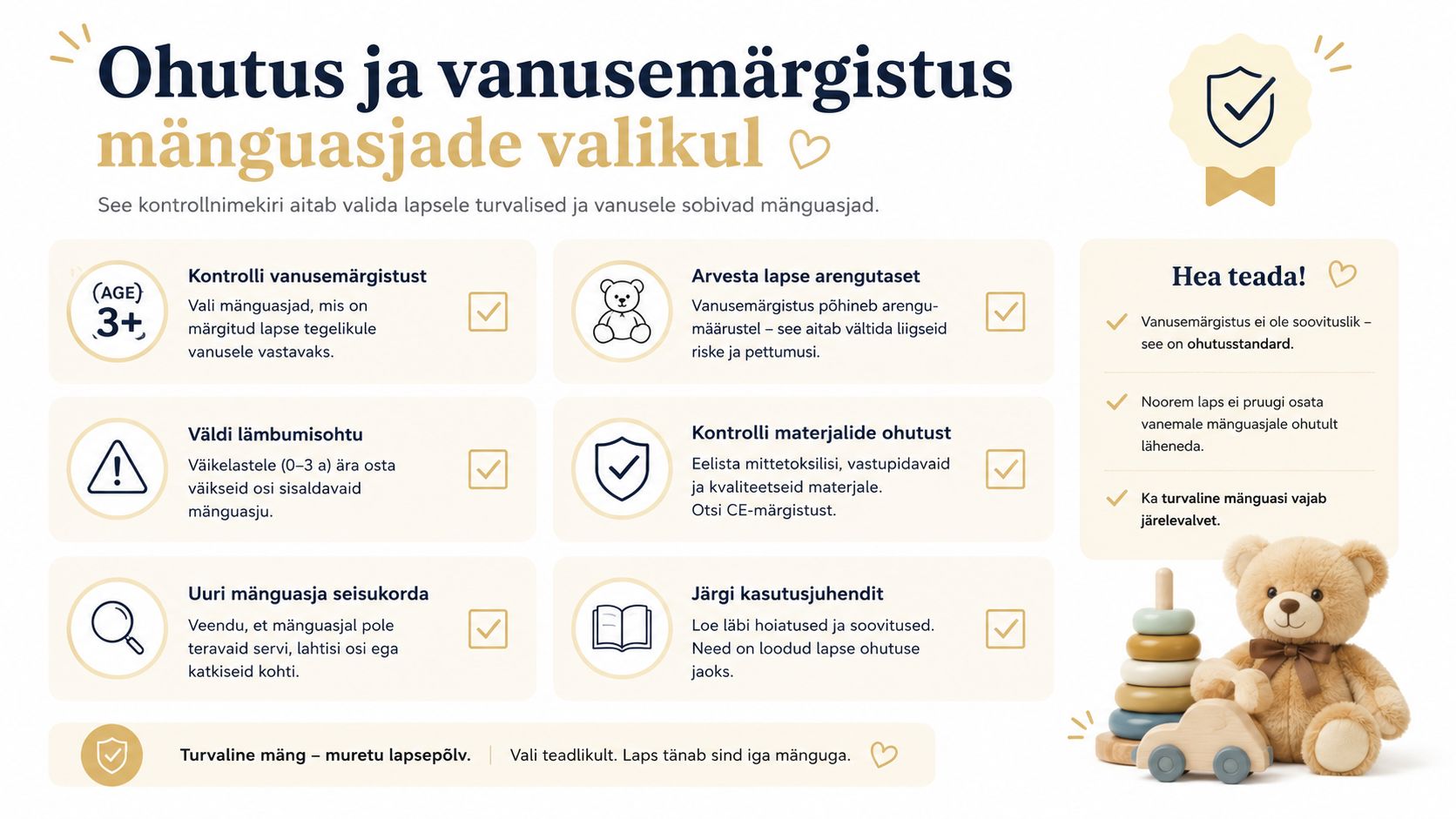 Juhend laste mänguasjade ohutuks valimiseks ja vanusemärgistuse kontrollimiseks, et tagada lapse turvaline ja arengule sobiv mänguaeg.