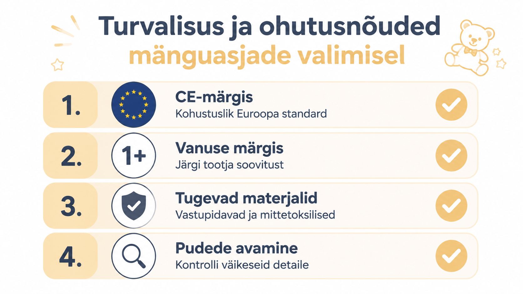 Infograafik tutvustab nelja olulist turvalisuse ja ohutuse nõuet sobivate mänguasjade valimisel lastele.
