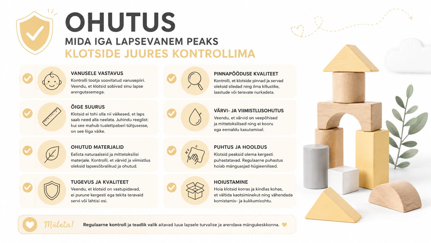 Infograafik tutvustab olulisi ohutusnõudeid ja soovitusi puidust mänguklotside valimisel ja kasutamisel väikelastele.