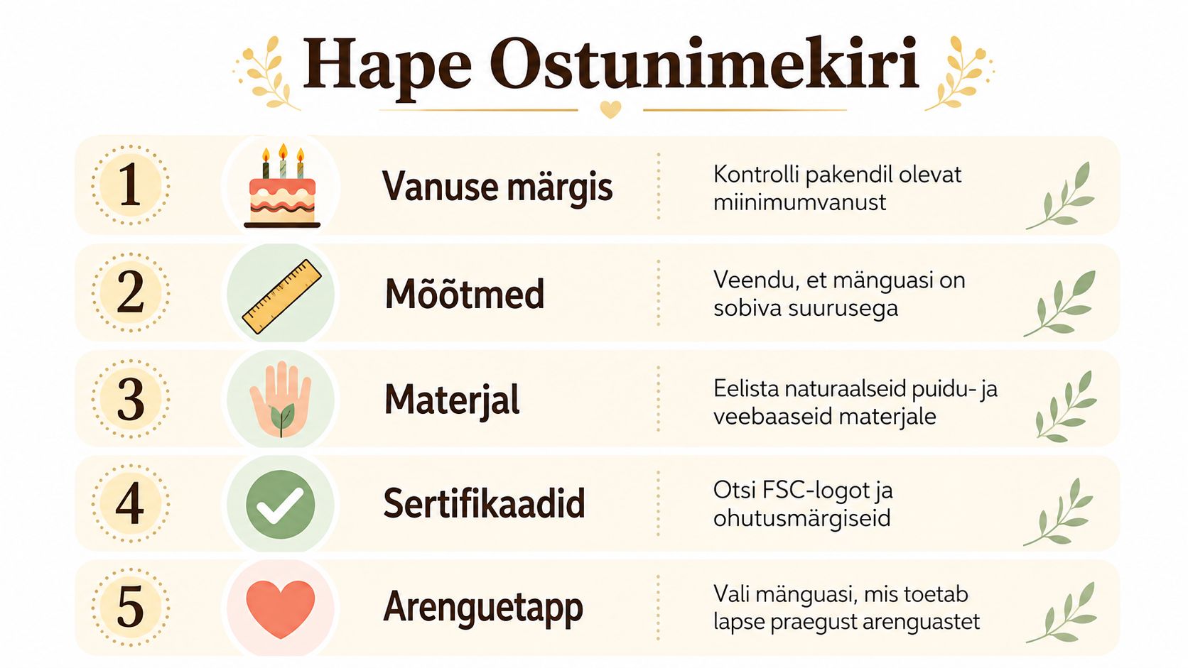 Juhend puidust mänguasjade valimiseks, mis sisaldab viit olulist kontrollpunkti lapsele sobiva ja turvalise kingituse ostmiseks.