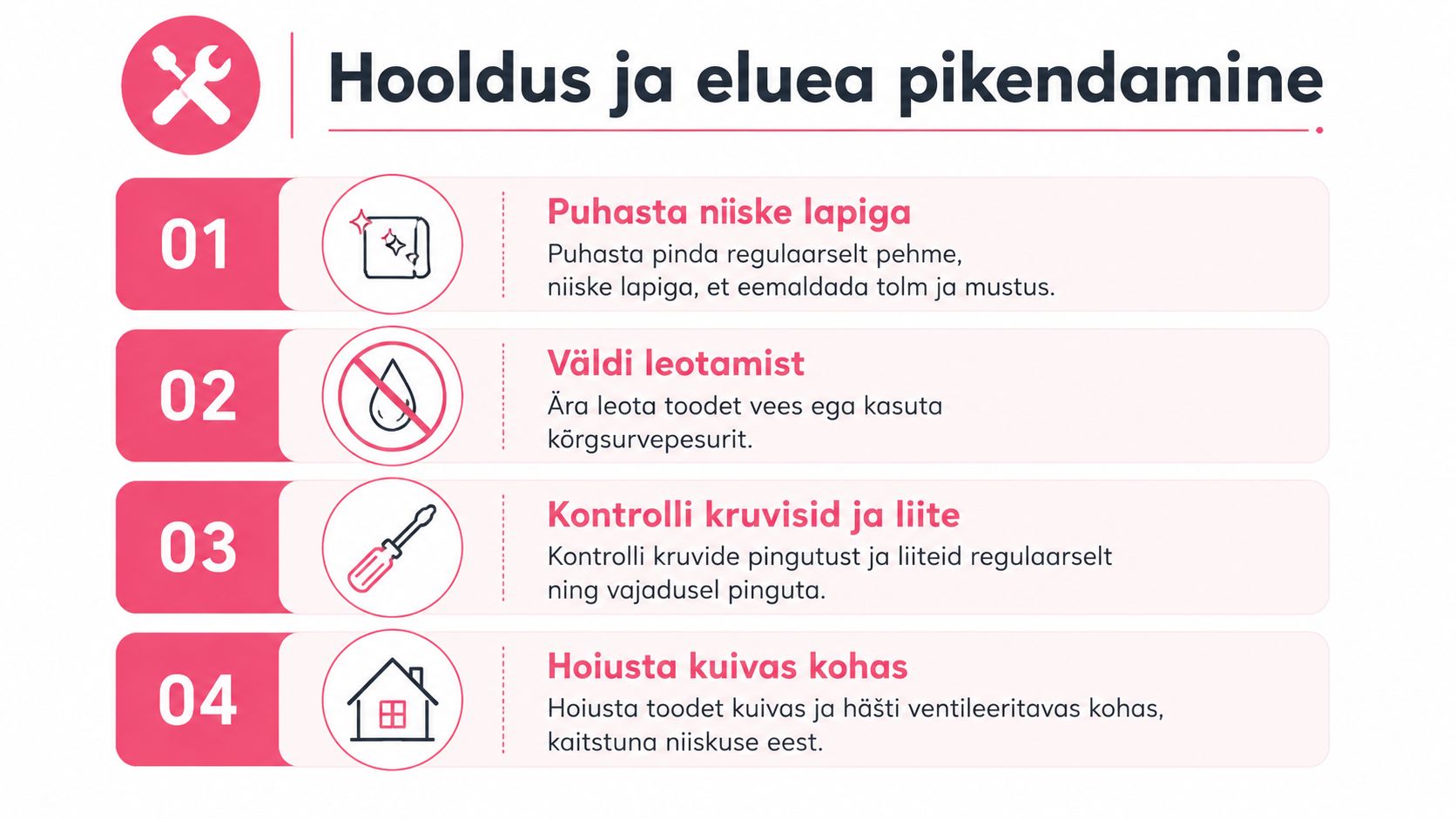 Juhend puidust mänguasjade hooldamiseks ja eluea pikendamiseks, sealhulgas puhastamise, hoiustamise ja kruvide kontrollimise juhised.