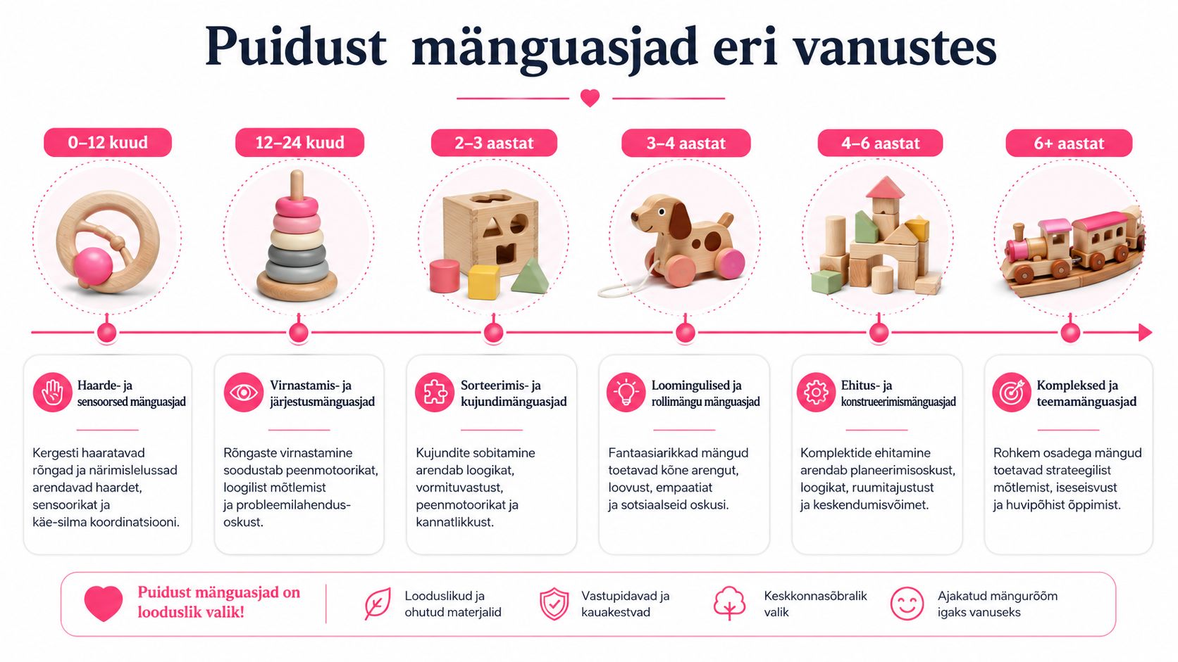 Puidust mänguasjade valik ja sobivad arendavad mänguasjad erinevatele vanusegruppidele alates imikutest kuni kooliealisteni.