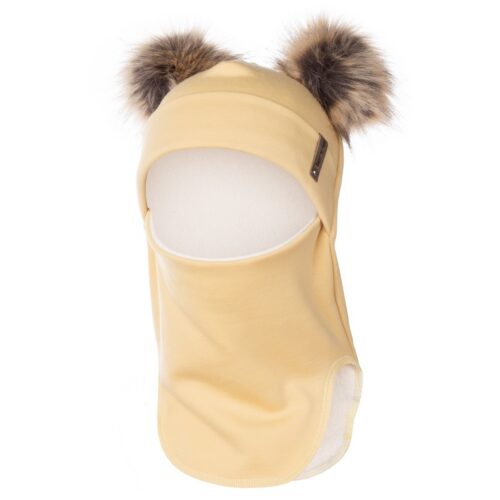 Yellow merino wool balaclava with two pom-poms