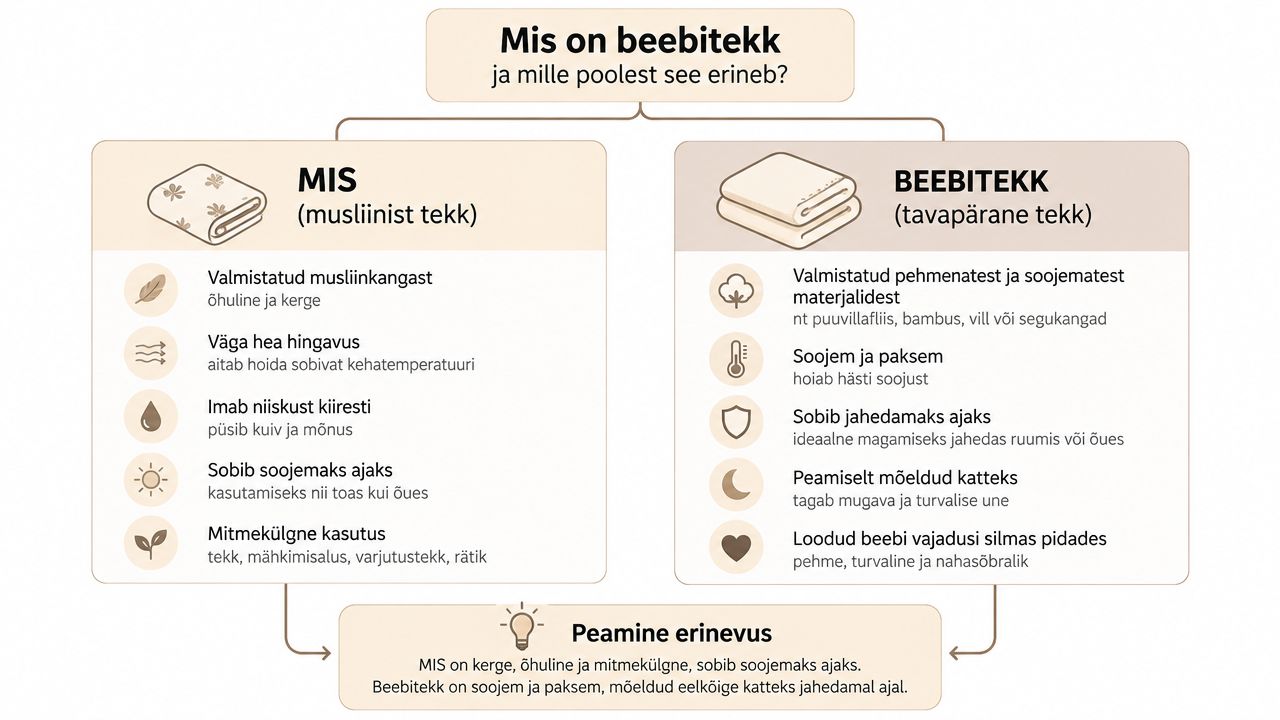 Võrdlev infograafik, mis selgitab erinevusi musliinist beebiteki ja tavalise sooja beebiteki kasutusvõimaluste vahel.