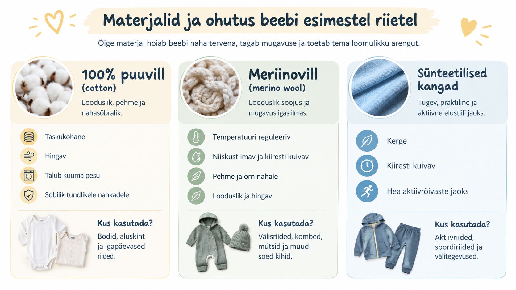 Infograafik tutvustab beebidele sobivaid materjale, nagu puuvill, meriinovill ja sünteetilised kangad, koos nende omaduste ja kasutusvõimalustega.