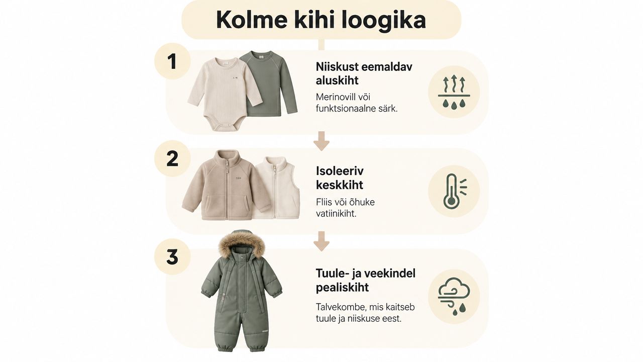 Kolmekihiline riietumissüsteem beebidele, mis näitab mugavat ja ilmastikukindlat talvist kihilist riietust aluskihist kuni sooja talvekombinesoonini.